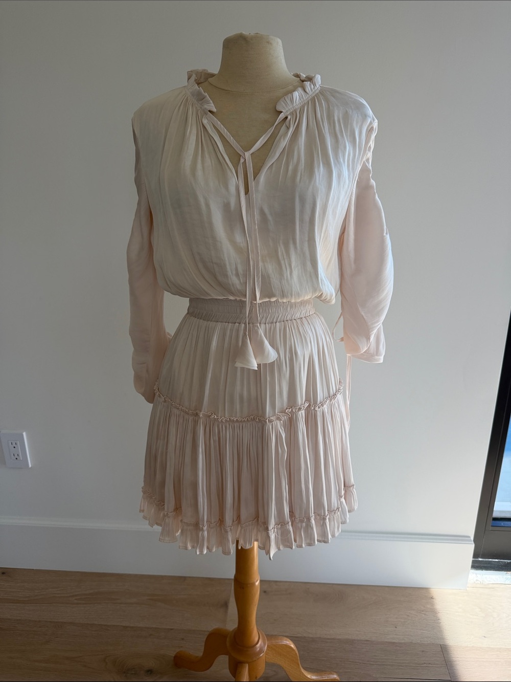 Light cream Tiered Mini Skirt - Feminine Pleated Design